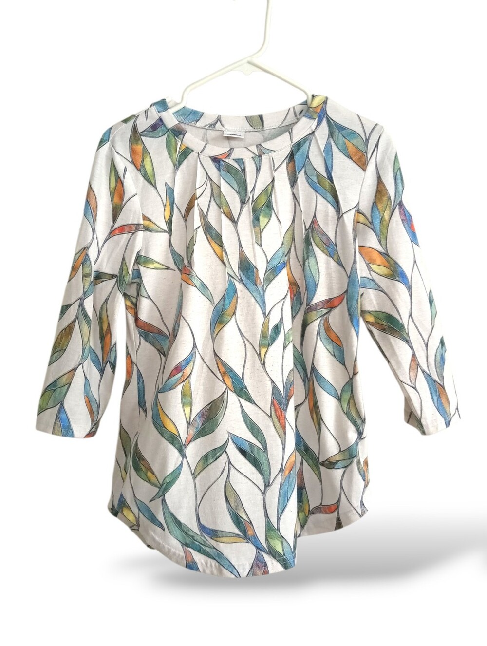 Xierrduo Stain Glass Leaf T Shirt 3/4 Sleeve Pleated S